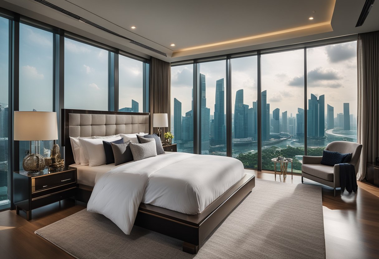 A luxurious master bedroom in Singapore with a king-sized bed, elegant furniture, floor-to-ceiling windows, and a stunning city skyline view