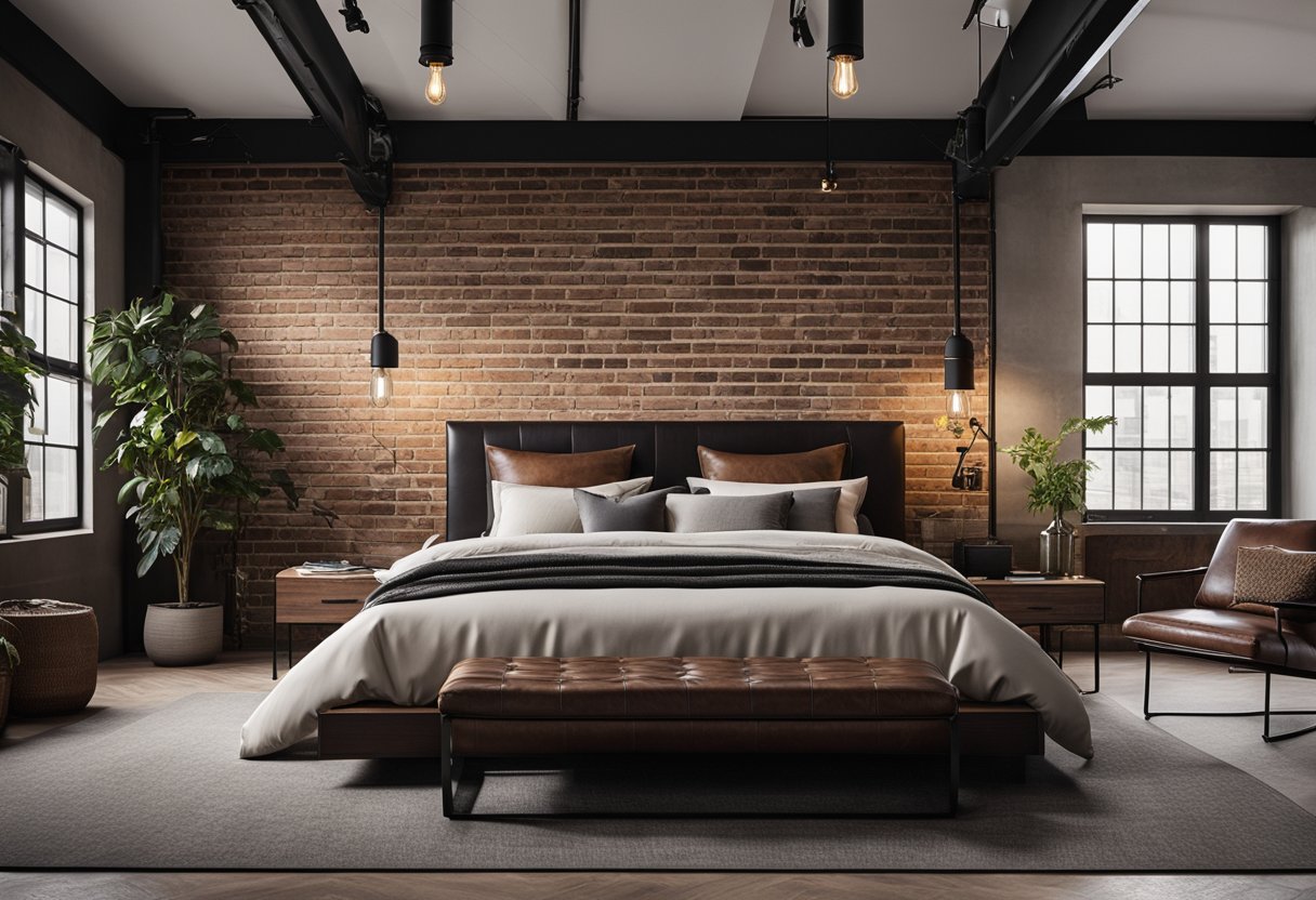A modern bedroom with dark wood furniture, a neutral color palette, and industrial accents. A large bed with a leather headboard, exposed brick walls, and minimalistic decor