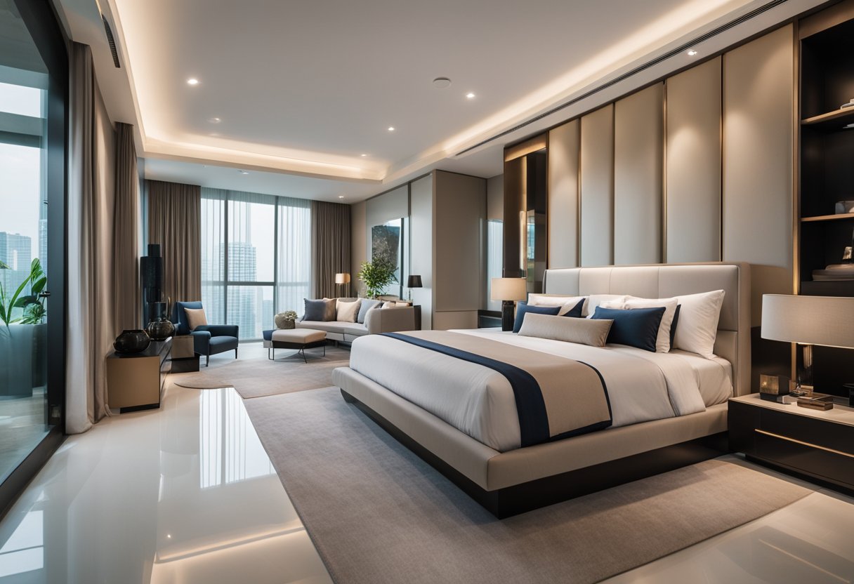 A luxurious master bedroom in Singapore with modern design elements, featuring a sleek platform bed, minimalist furniture, and a neutral color palette