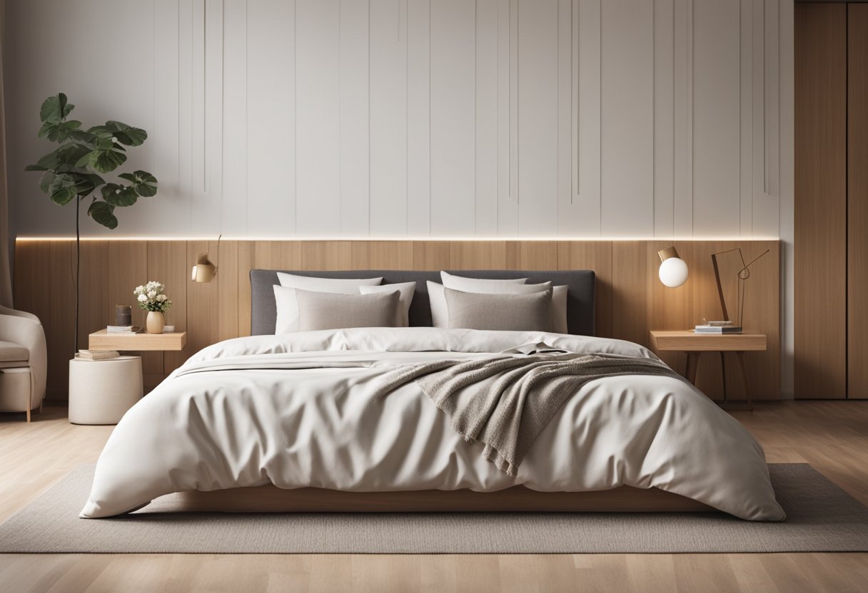 A cozy bed with clean lines, natural wood furniture, and minimal decor. Soft, neutral colors and plenty of natural light create a serene atmosphere