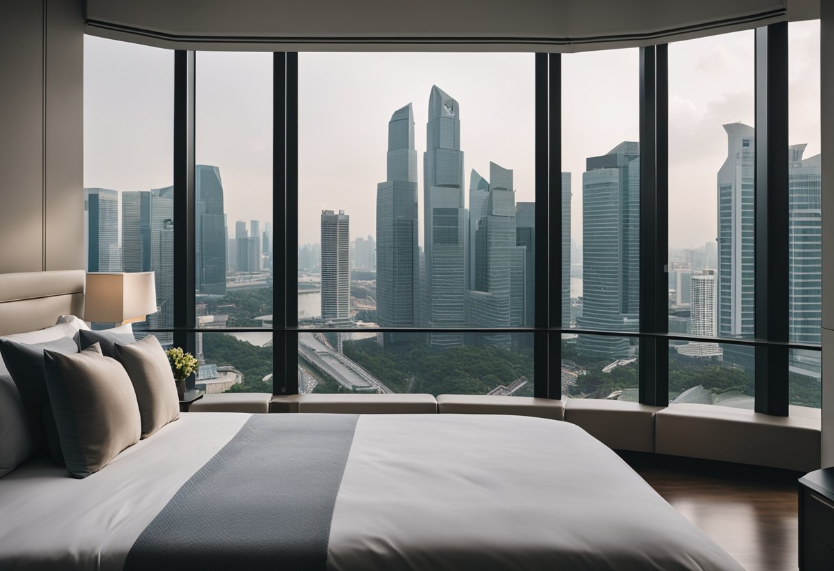A modern bedroom in Singapore with sleek furniture, a neutral color palette, and large windows overlooking the city skyline