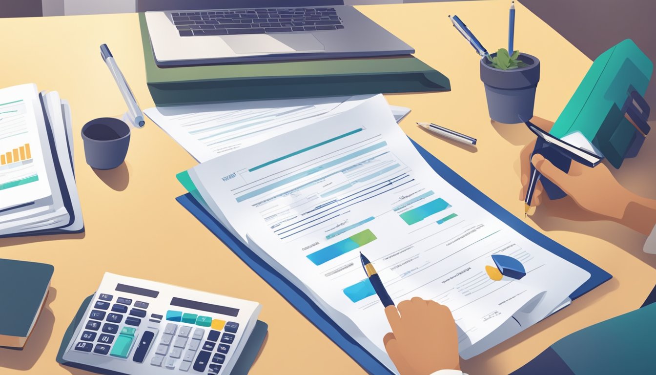 A person signs a business loan agreement while a mortgage application sits on a desk