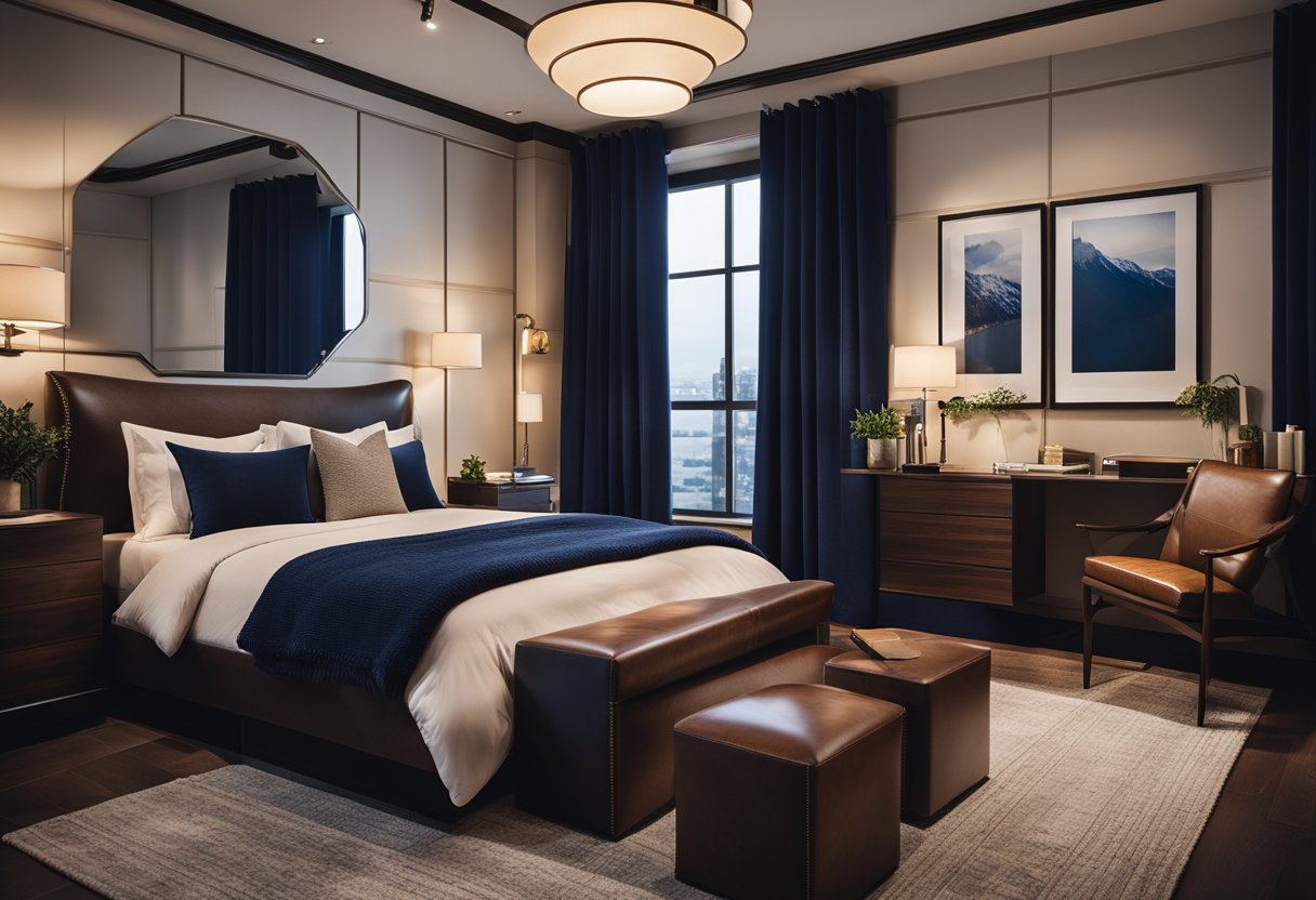 A cozy bedroom with dark wood furniture, warm lighting, and a comfortable reading nook. A neutral color scheme with pops of deep blue and rich textures like leather and wool