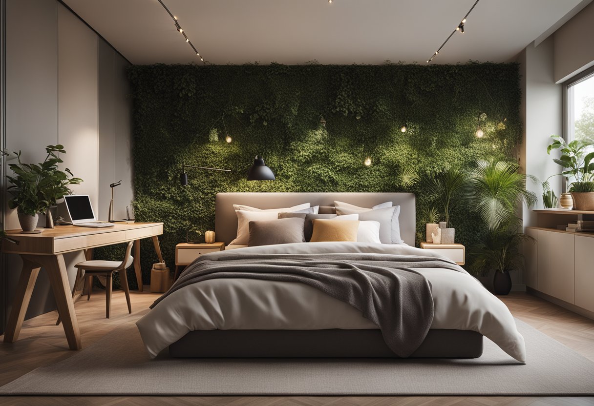 A cozy bedroom with a plush bed, soft lighting, and a calming color palette. A sleek desk with a comfortable chair and a view of greenery outside