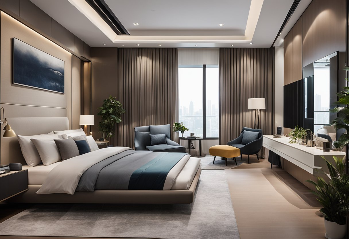 The master bedroom in Singapore features a sleek, modern design with functional elements and a thoughtfully planned layout
