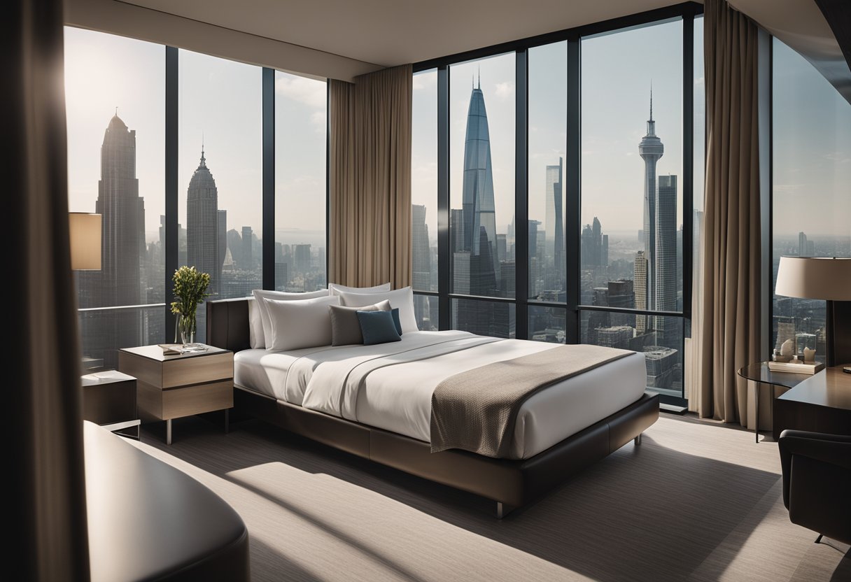 A modern hotel bedroom with sleek furniture, soft neutral tones, and large windows overlooking a city skyline