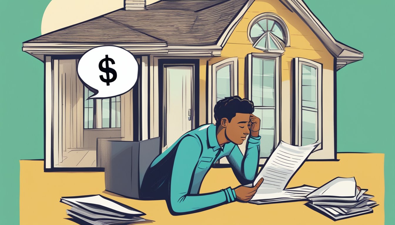 A person reading a document titled "Frequently Asked Questions" with a thought bubble of a house and a dollar sign above their head