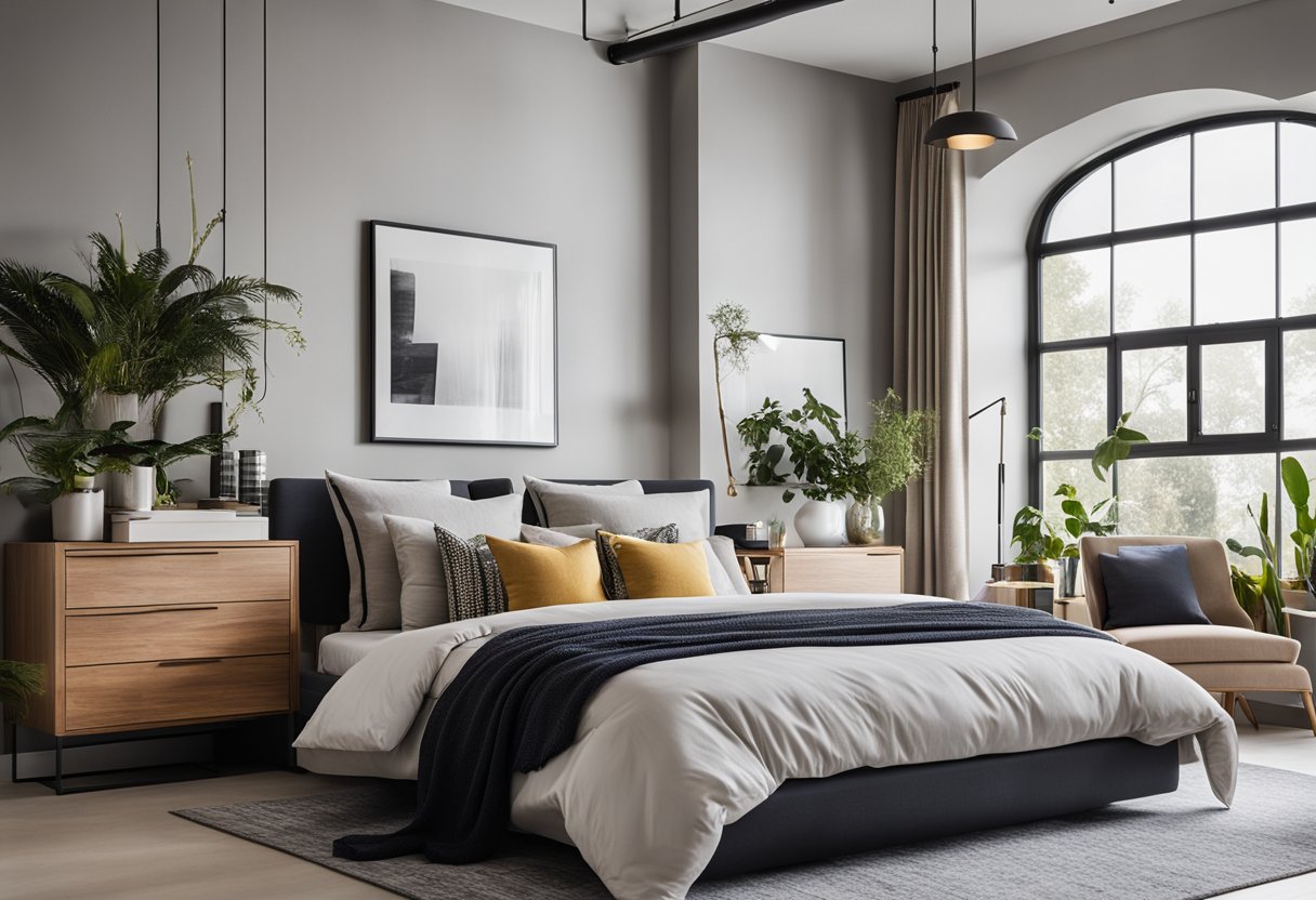 A modern, minimalist bedroom with sleek furniture and industrial accents. A neutral color palette with pops of bold, vibrant textiles and accessories