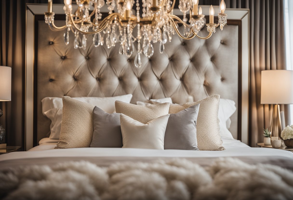 A plush, tufted headboard sits against a backdrop of soft, neutral tones. A crystal chandelier casts a warm glow over the room, adding a touch of elegance to the cozy, inviting space