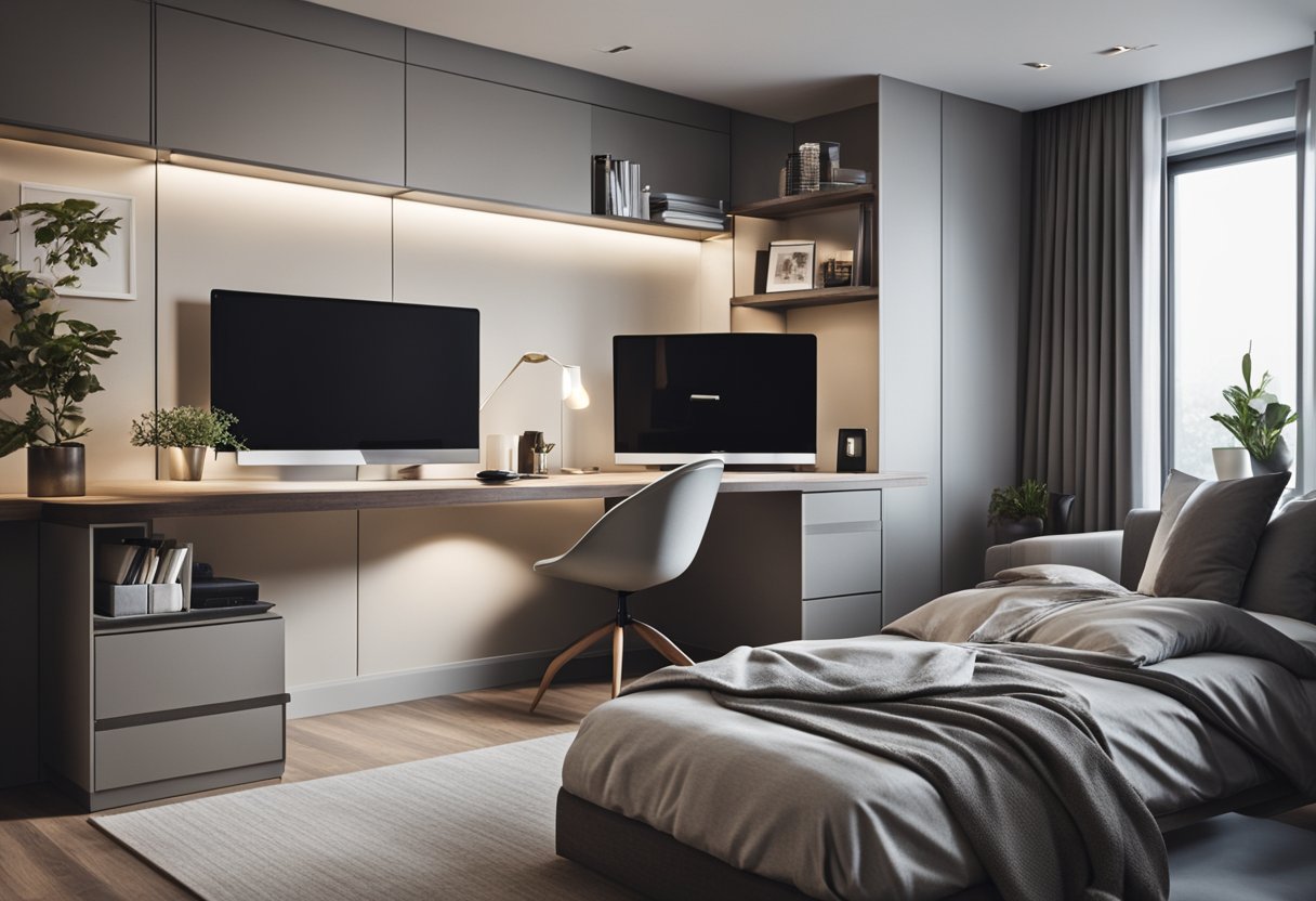 A modern bedroom with clean lines, neutral colors, and minimalistic furniture. A sleek desk with a computer setup, a comfortable bed with plaid bedding, and a wall-mounted TV
