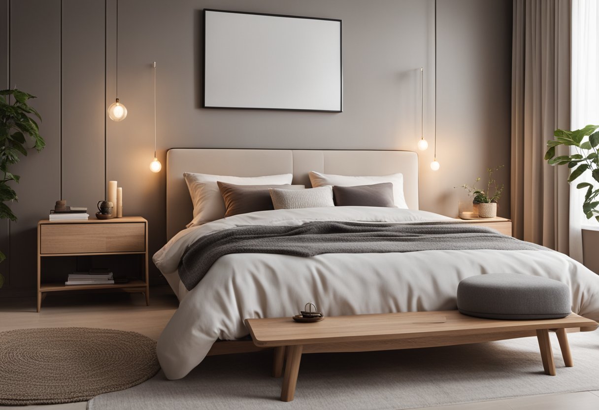 A cozy bedroom with minimalist furniture, clean lines, and natural materials. Soft, neutral colors and warm lighting create a serene atmosphere