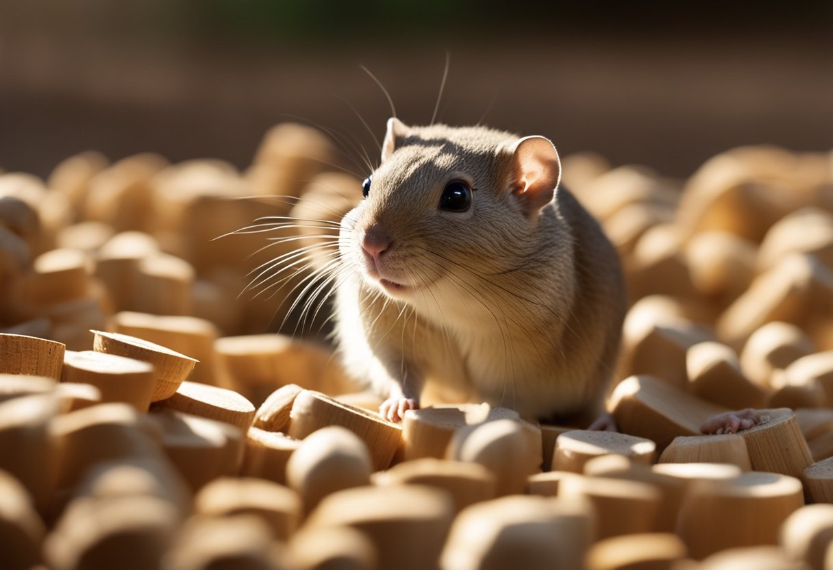 A gerbil scurries through a maze of tunnels, pausing to nibble on a seed before darting off again. Sunlight filters in, casting shadows on the wooden shavings as the gerbil explores its environment