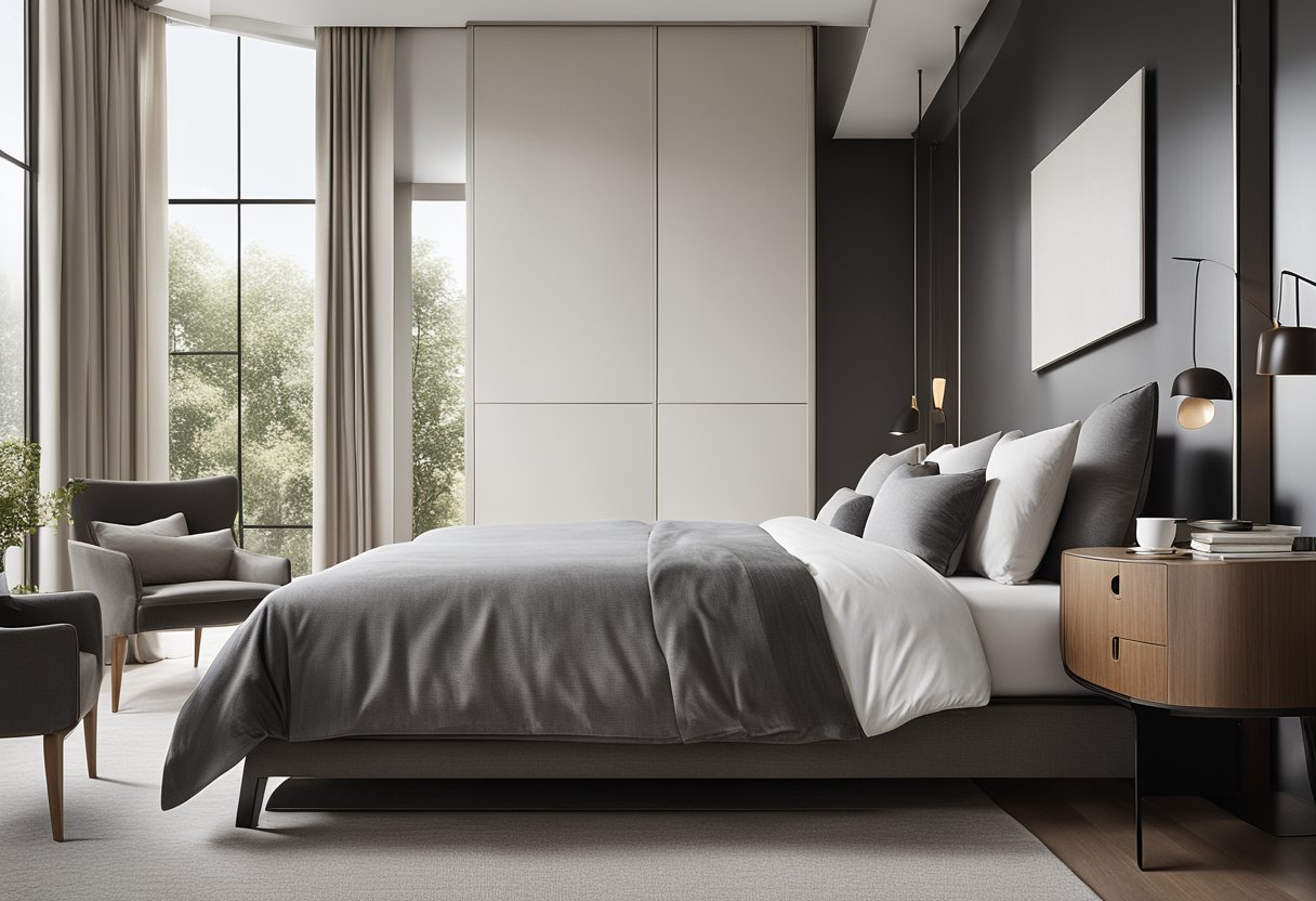 A sleek, minimalist bedroom with a king-sized bed, neutral tones, and modern furniture. Large windows provide natural light, and a sleek desk area offers a workspace