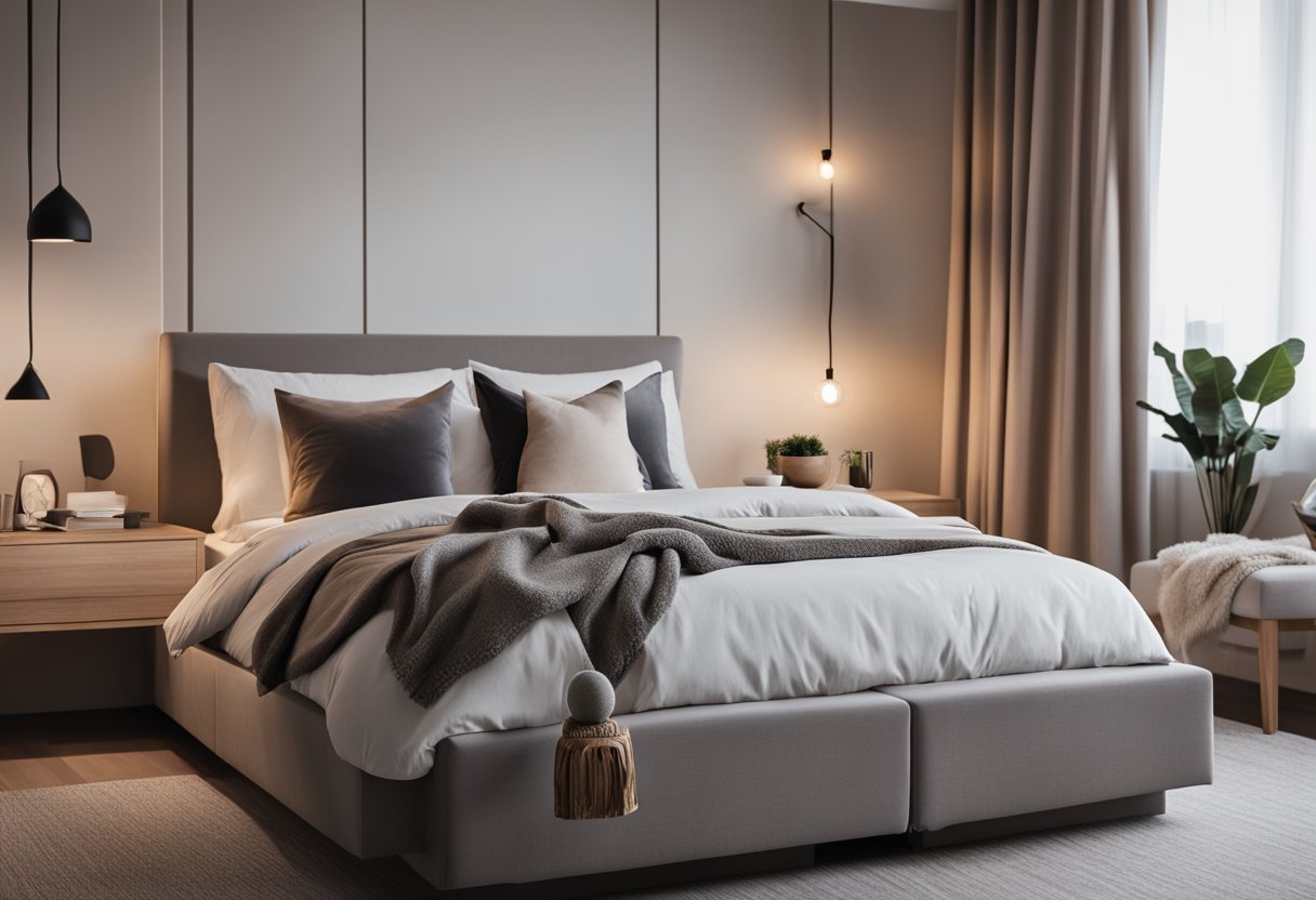 A cozy bedroom with modern furniture and soft lighting. A large bed with plush pillows, a stylish desk, and a sleek wardrobe. Subtle color palette and minimalistic decor