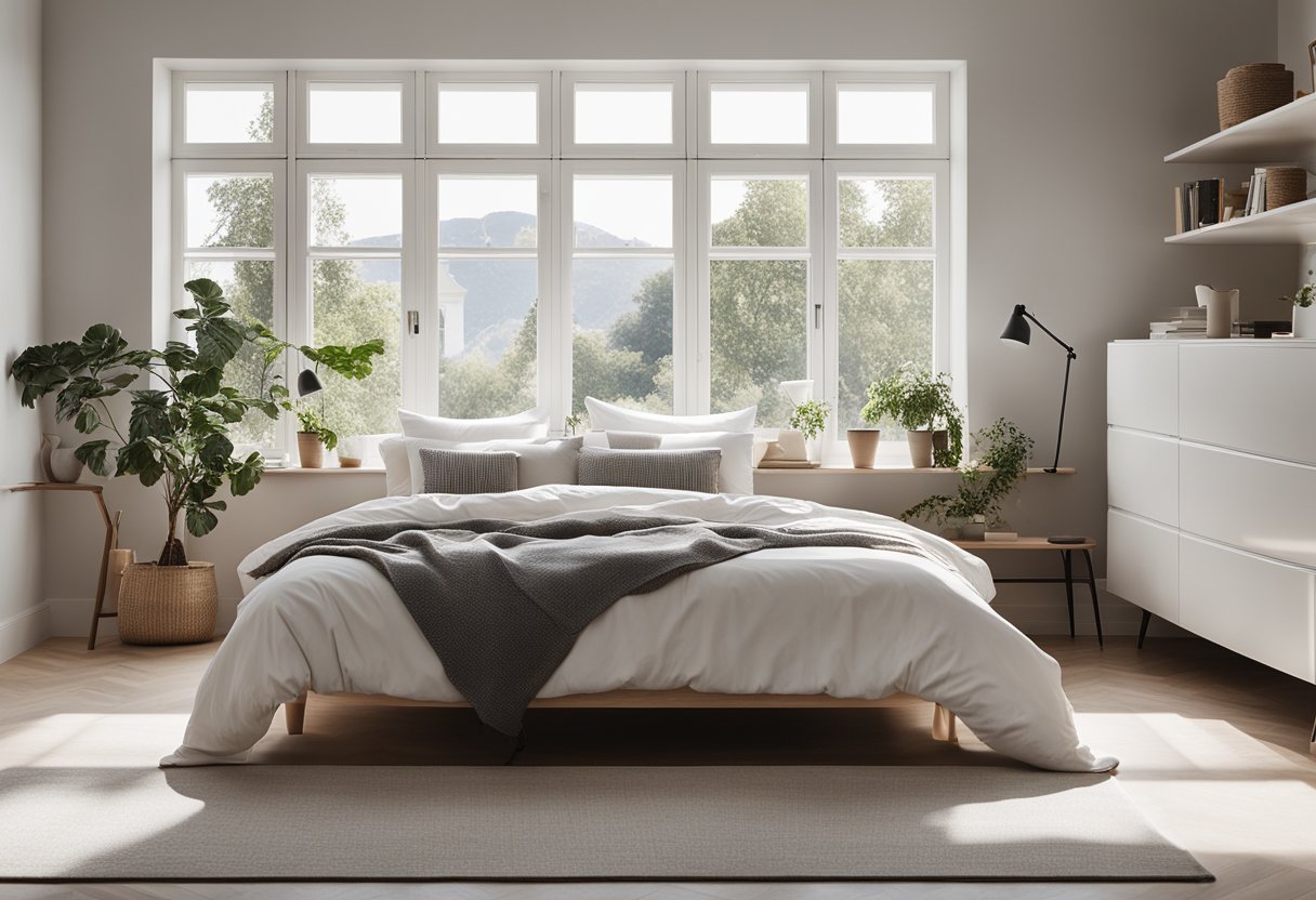 A cozy scandinavian bedroom with clean lines, minimal furniture, and a neutral color palette. A large window lets in natural light, showcasing a simple yet elegant design