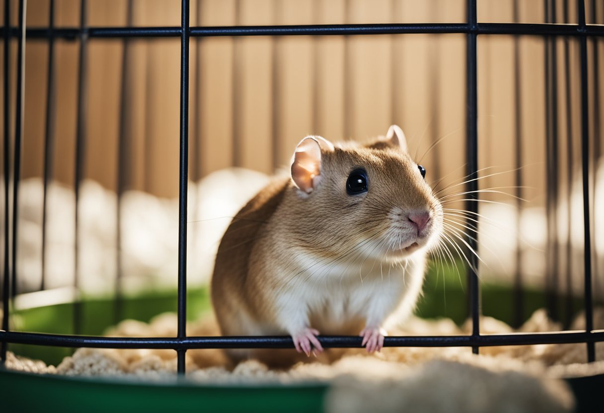A gerbil is nestled in a cozy, spacious cage with plenty of bedding and a running wheel. Fresh food and water are available, and the gerbil looks healthy and content