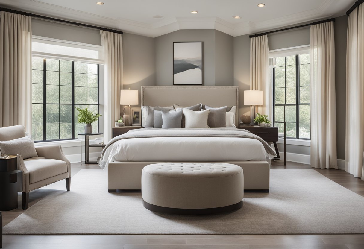 A spacious master bedroom with modern furniture and a neutral color palette. Large windows let in natural light, and a cozy sitting area adds a touch of luxury