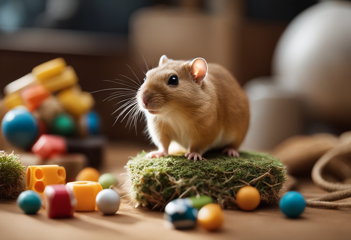 A gerbil explores its habitat, surrounded by toys, food, and a cozy nesting area