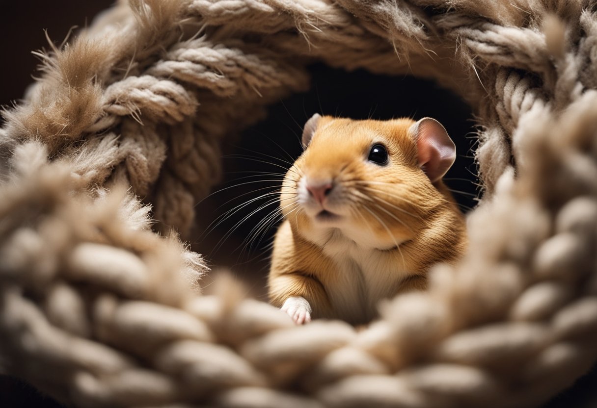 A gerbil peacefully sleeps in a cozy nest, surrounded by soft bedding and chew toys, with a wheel nearby for play and exercise