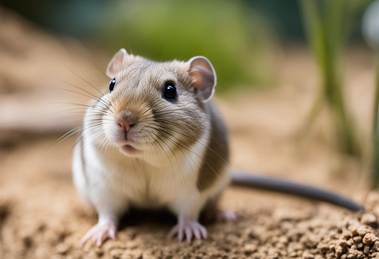A gerbil sits beside a sign that reads "Frequently Asked Questions: Gerbil Lifespan." The gerbil is surrounded by its habitat and various gerbil-related items