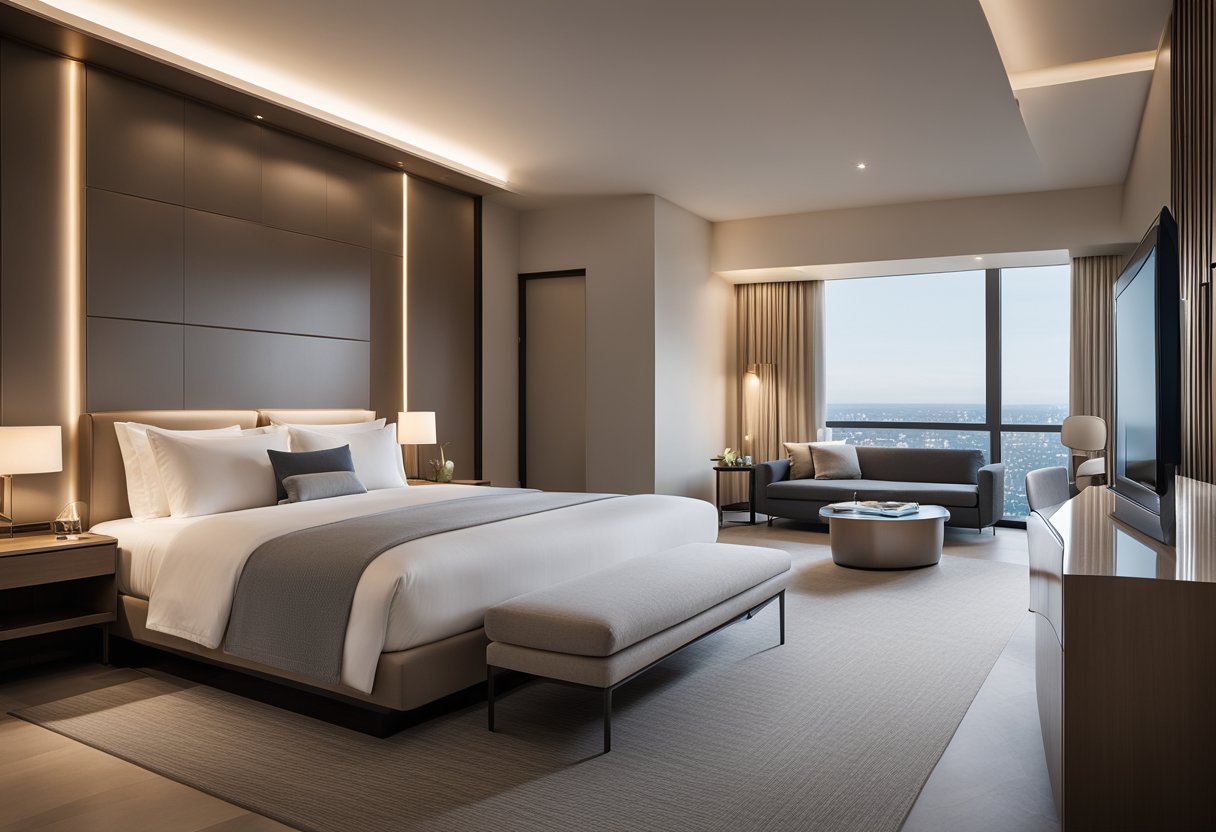 A sleek, minimalist hotel bedroom with clean lines, neutral colors, and modern furniture. The bed is neatly made with crisp white linens, and the room is bathed in soft, ambient lighting