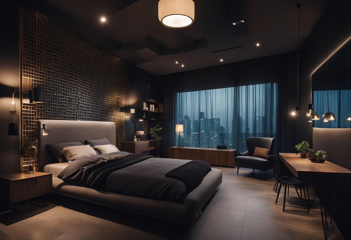 The bedroom is dimly lit with dark-colored walls and minimal furniture
