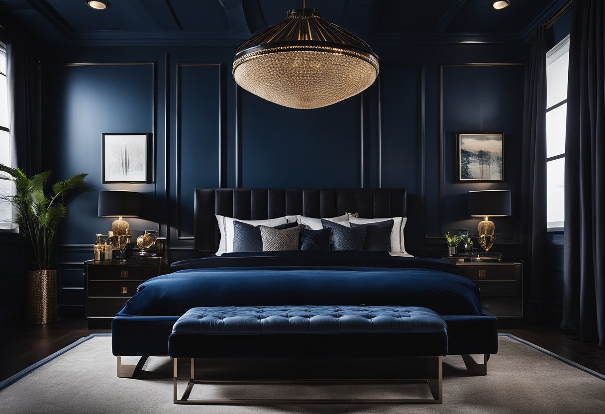 A bedroom with dark hues, featuring deep blue walls, black furniture, and dim lighting. Rich textures like velvet and leather add a luxurious feel