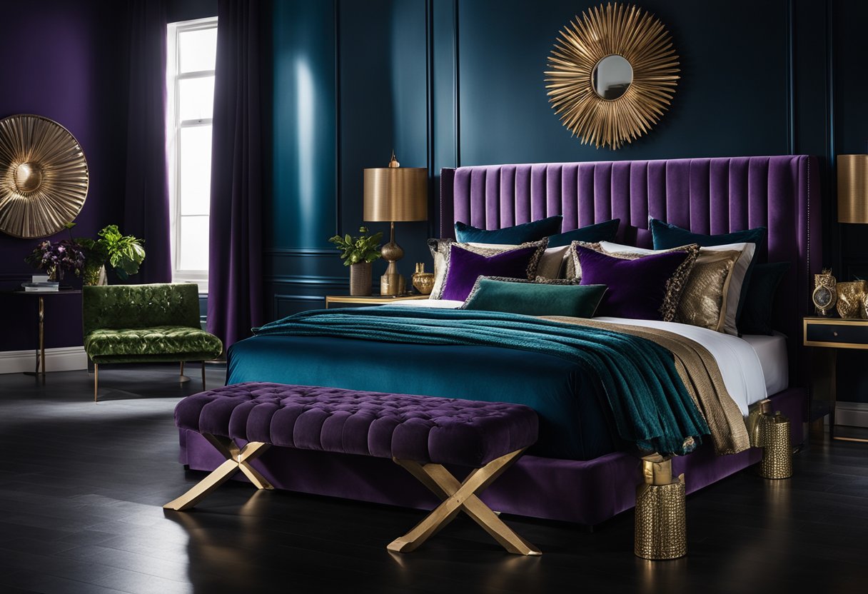 A bedroom with dark walls, accented by rich jewel-toned bedding and metallic accents. Deep purples, blues, and greens create a moody and luxurious atmosphere