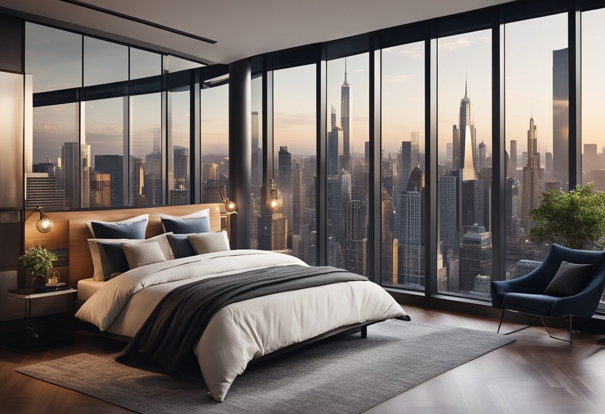 A spacious master bedroom with a king-sized bed, elegant bedside tables, a cozy reading nook, and a large window overlooking the city skyline