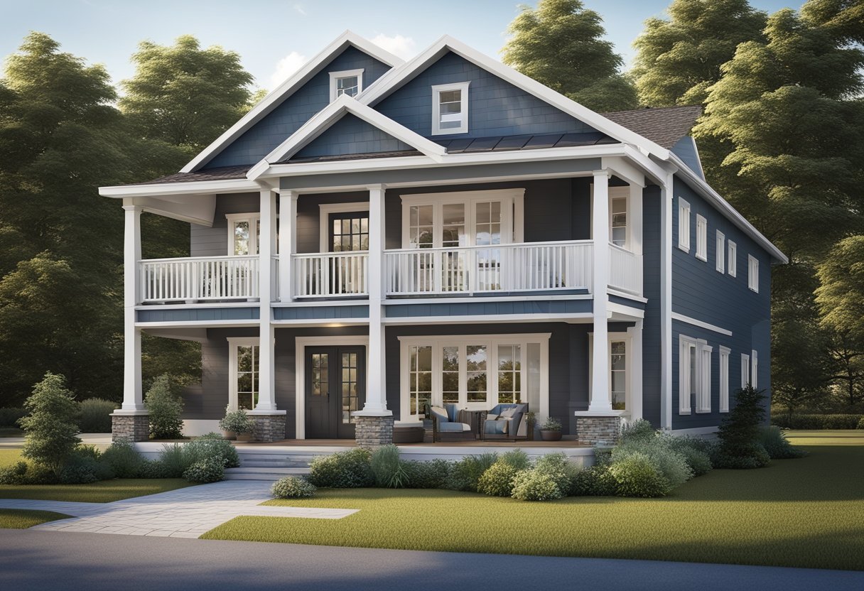 A 1-story house with 3 bedrooms, a spacious living area, and a kitchen. The exterior features a front porch and a sloping roof