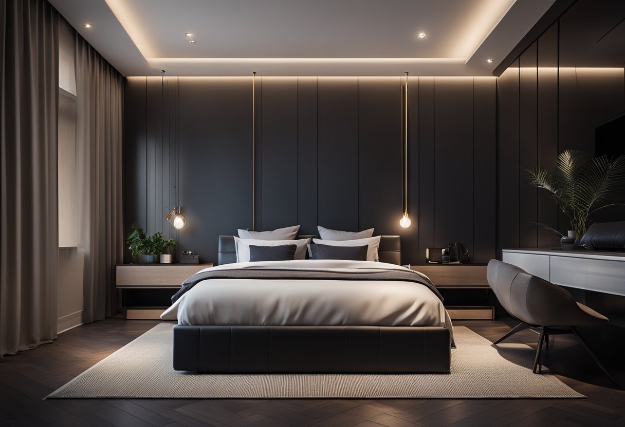 A dimly lit bedroom with modern, minimalist decor. Clean lines, dark color scheme, and a sleek design