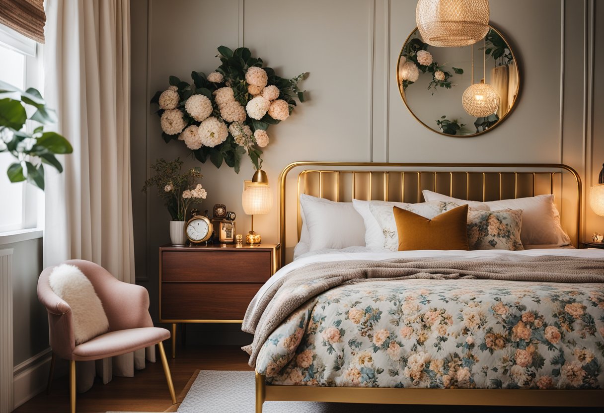 A cozy bedroom with a mix of modern and vintage elements. A brass bed frame, floral wallpaper, and a mid-century dresser. Soft lighting and a cozy reading nook complete the look
