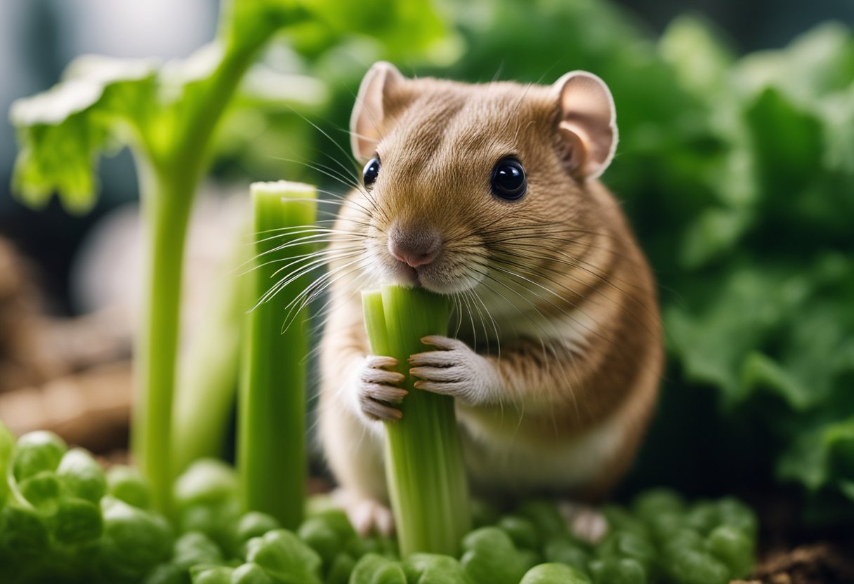 A gerbil nibbles on a piece of celery, its tiny teeth crunching through the fibrous green stalk