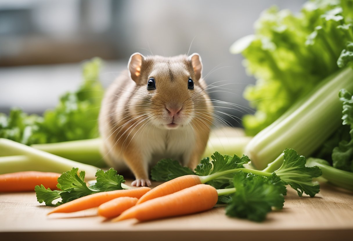 A gerbil nibbles on a piece of celery, surrounded by other gerbil-friendly foods like carrots and leafy greens