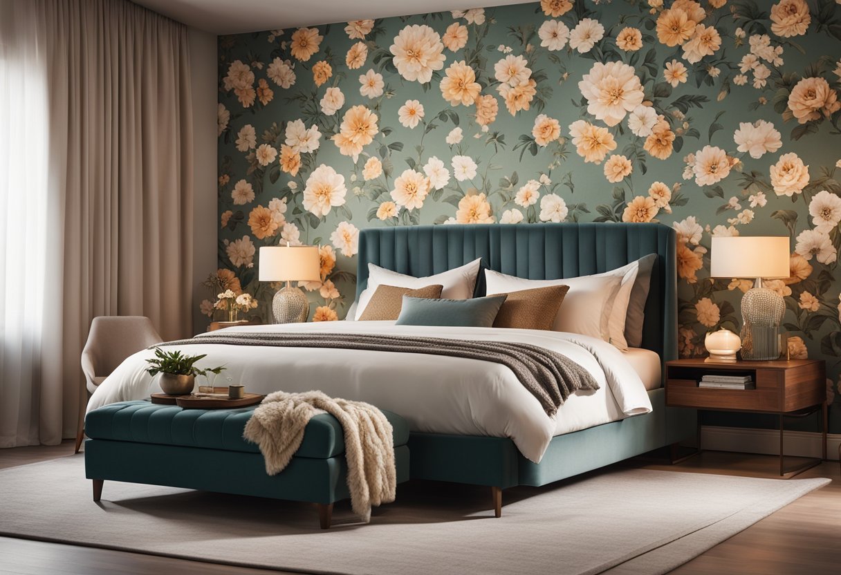 A cozy bedroom with a mix of modern and vintage elements. A tufted headboard, floral wallpaper, and mid-century nightstands. Soft lighting and a cozy rug complete the look