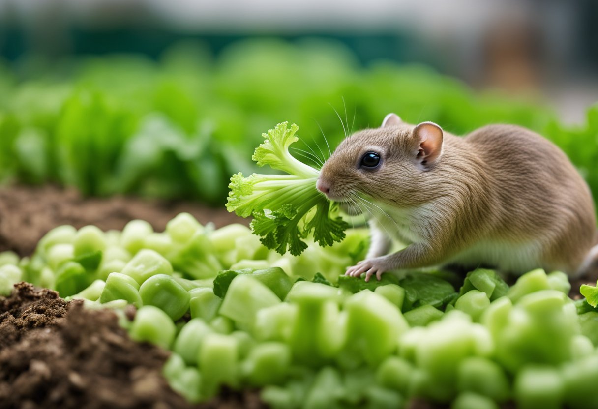 A gerbil cautiously sniffs a fresh stalk of celery, its small paws reaching out to nibble on the crunchy green vegetable