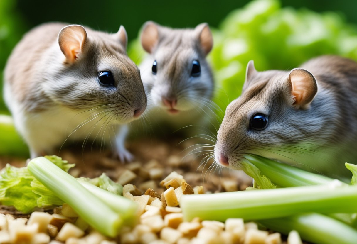 A group of gerbils surrounded by pieces of celery, nibbling on the crunchy vegetable with curiosity and delight