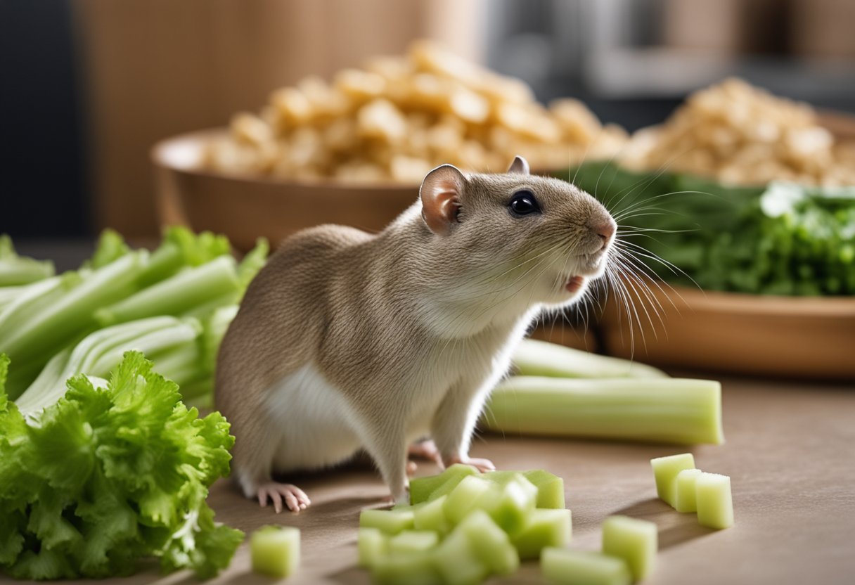 A gerbil stands near a pile of celery, sniffing cautiously