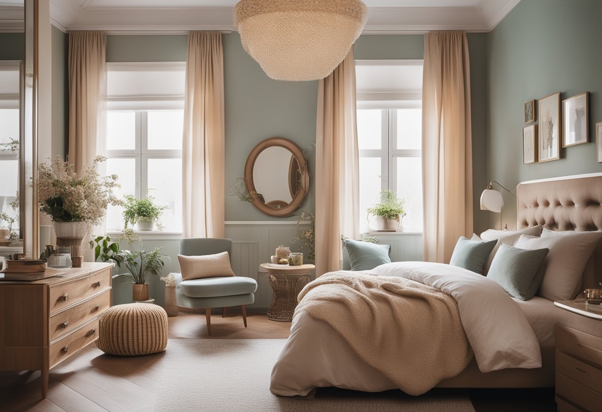 A cozy modern vintage bedroom with a mix of antique and contemporary furniture, soft pastel colors, and unique accessories like vintage lamps and decorative pillows