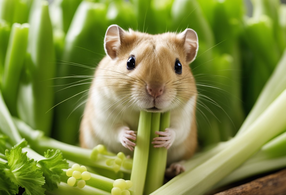 A gerbil nibbles on a stalk of celery, surrounded by question marks and a "Frequently Asked Questions" banner