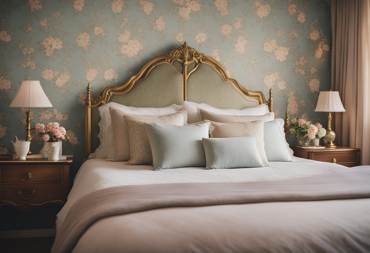 A cozy vintage bedroom with muted pastel colors, floral wallpaper, and antique furniture. A brass bed frame and lace curtains add a touch of elegance