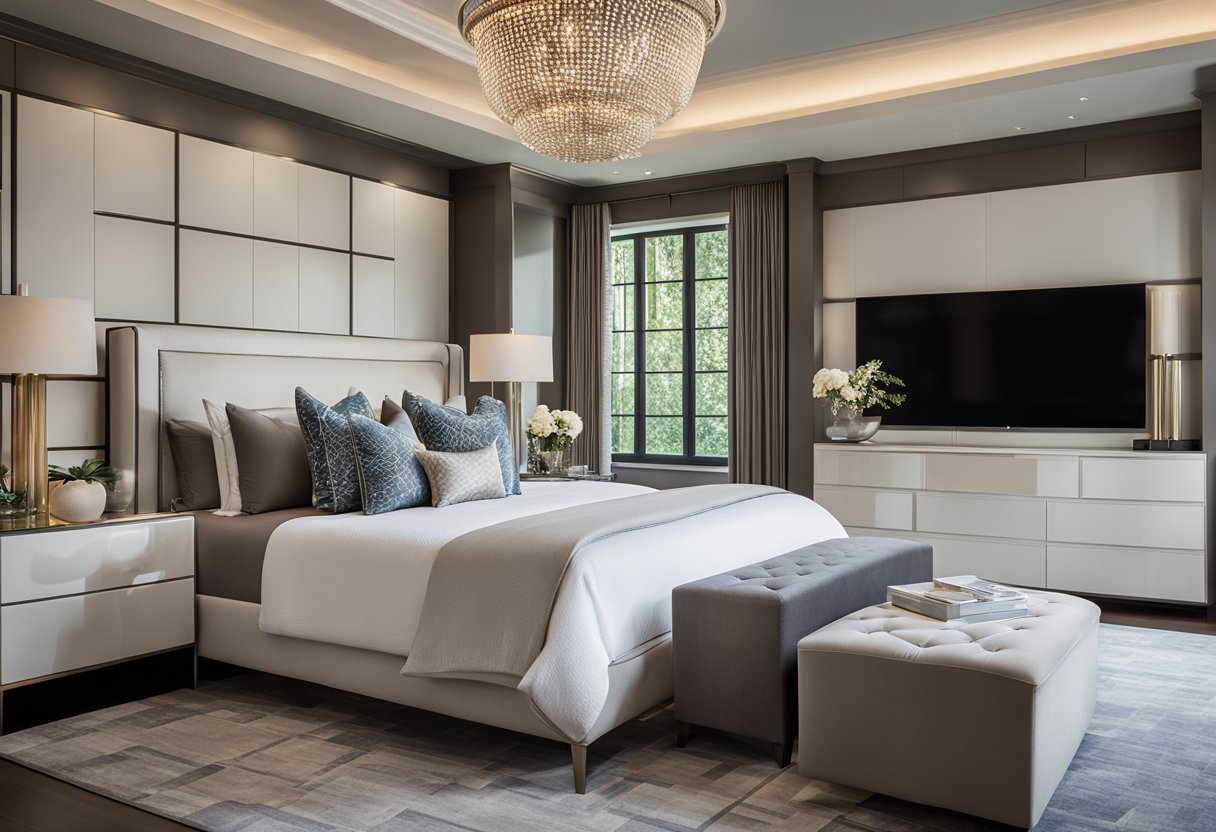 The master bedroom features a modern design with sleek accessories and vibrant artwork adorning the walls. The space exudes sophistication and elegance