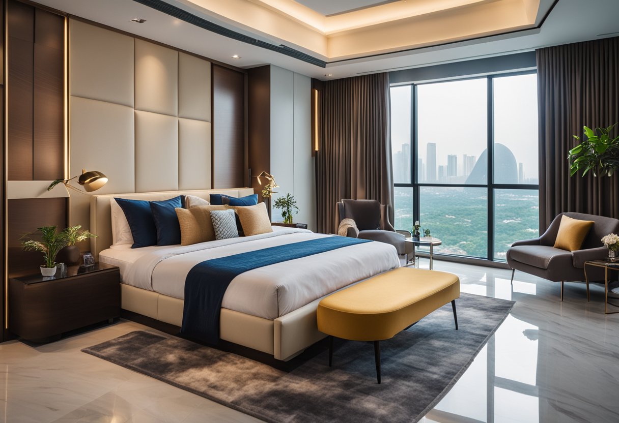 A luxurious master bedroom in Singapore with modern furniture, elegant decor, and a spacious layout