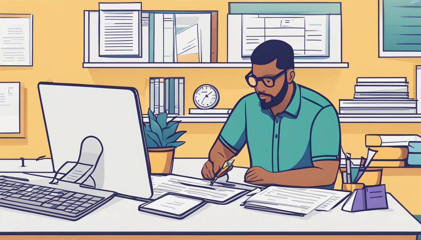 A business owner signing paperwork for a DBS business loan at a desk with a laptop and financial documents