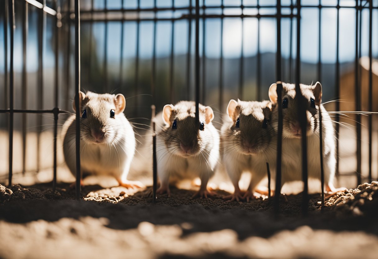Gerbils in a cage with a "No Pets Allowed" sign in a California setting
