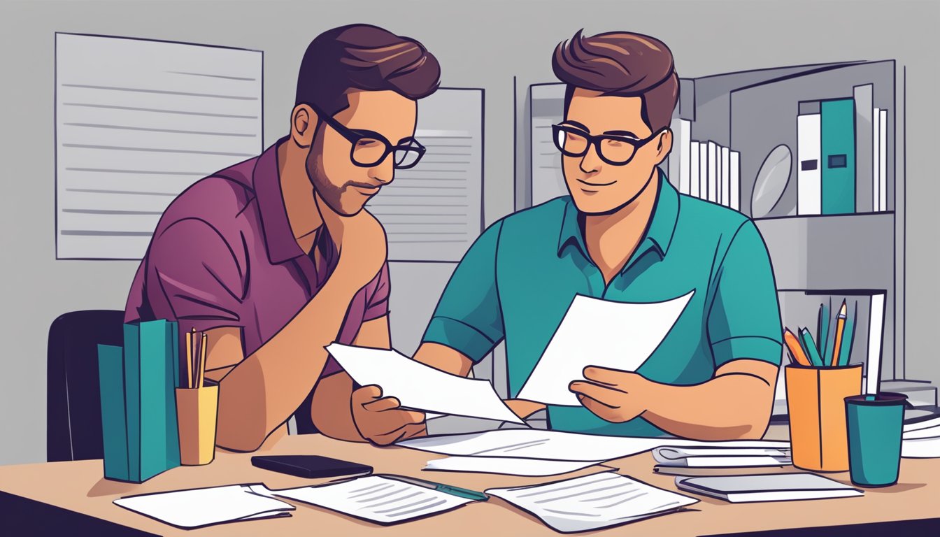 A business owner sitting at a desk, reviewing documents with a confident expression, while a bank representative discusses DBS business loan options