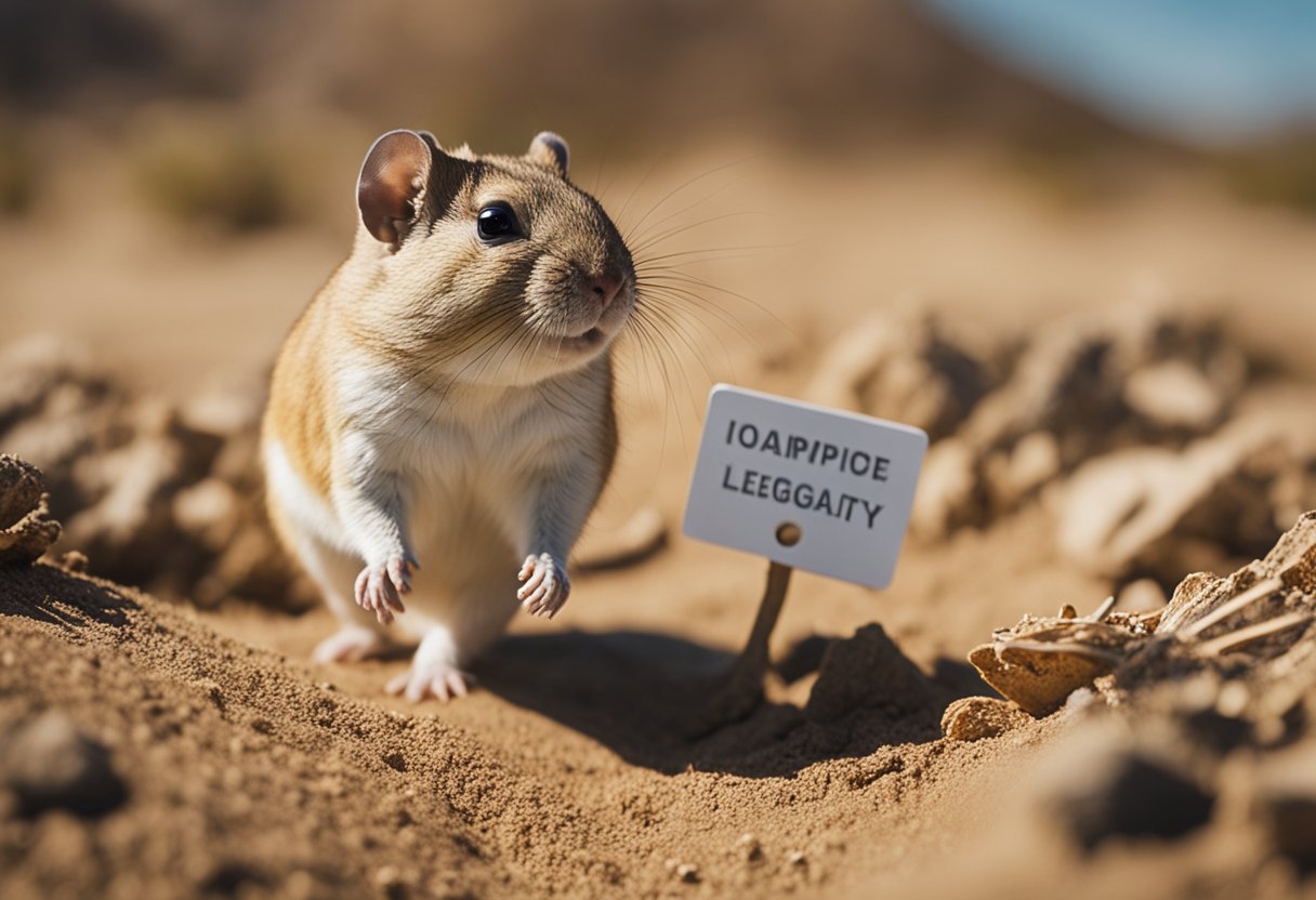Gerbils scamper through a California desert, with a sign indicating their legality in the background