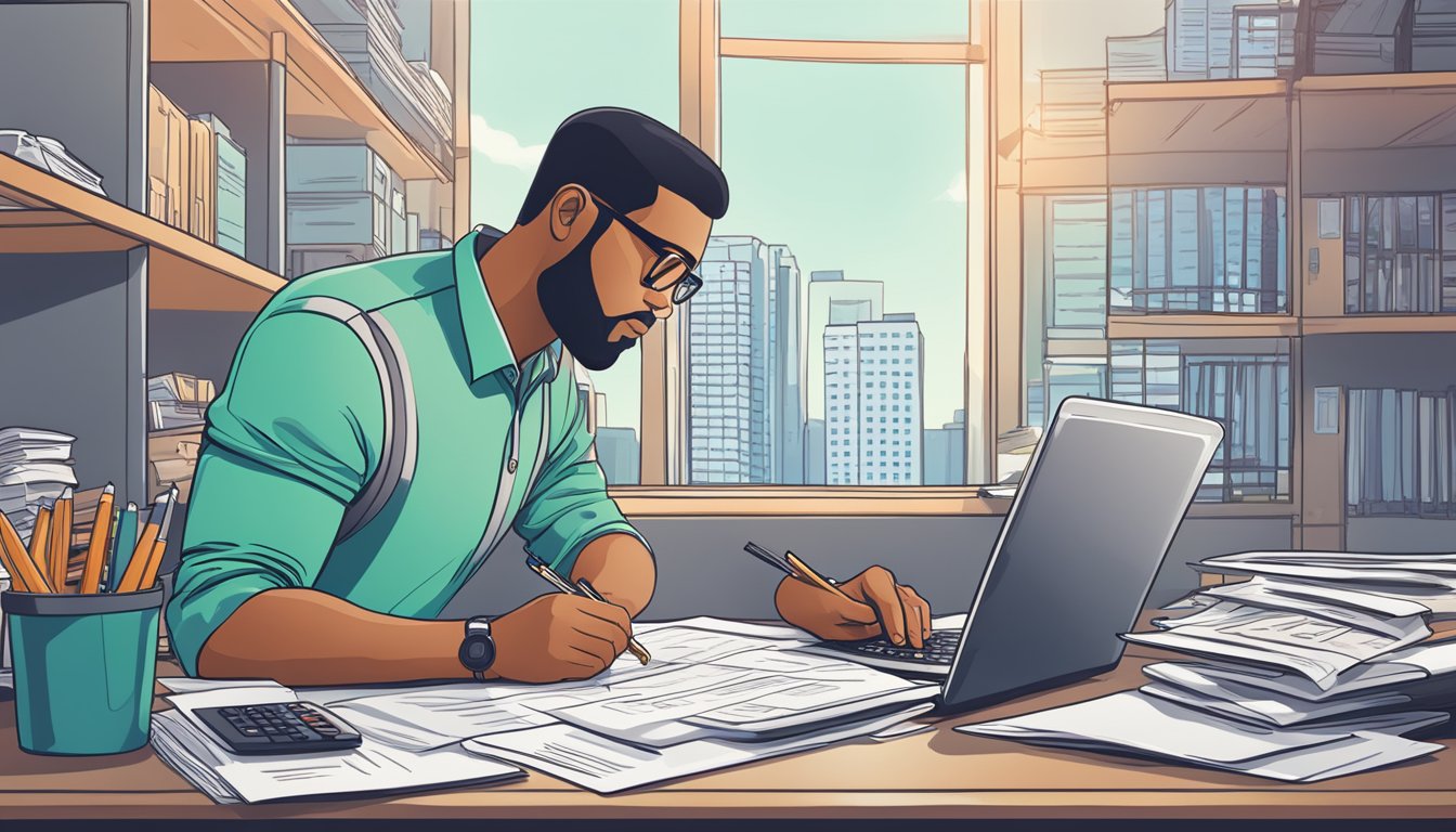 A business owner sits at a desk, filling out a loan application form. A laptop, calculator, and financial documents are spread out in front of them