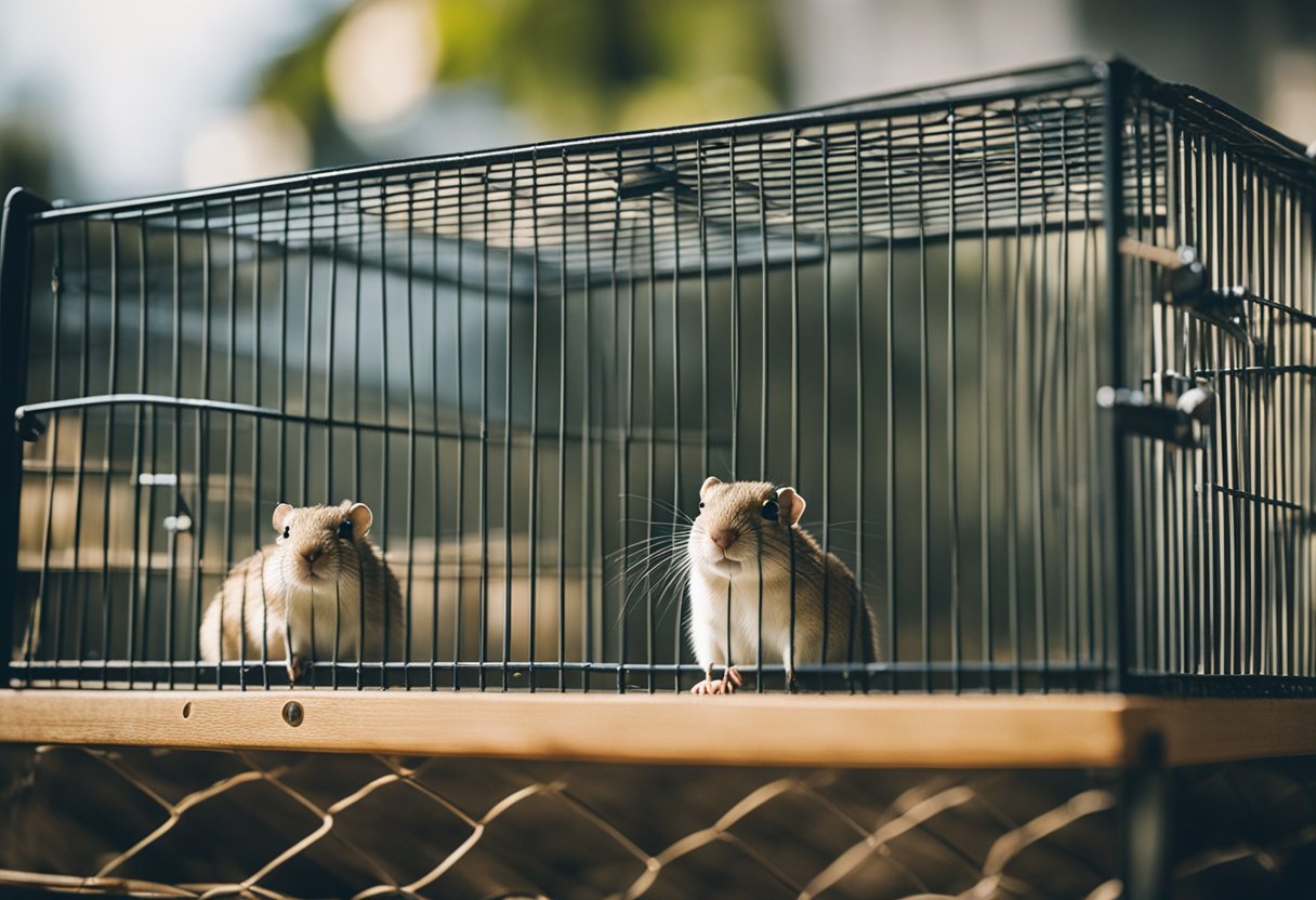 Gerbils in a cage with a "No Entry" sign in California