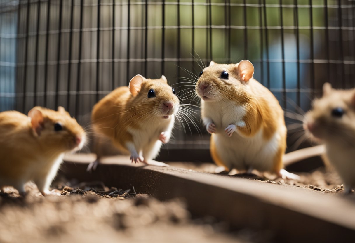 A group of gerbils scurry around a cage, while a puzzled person in California looks up the legality of owning them as pets